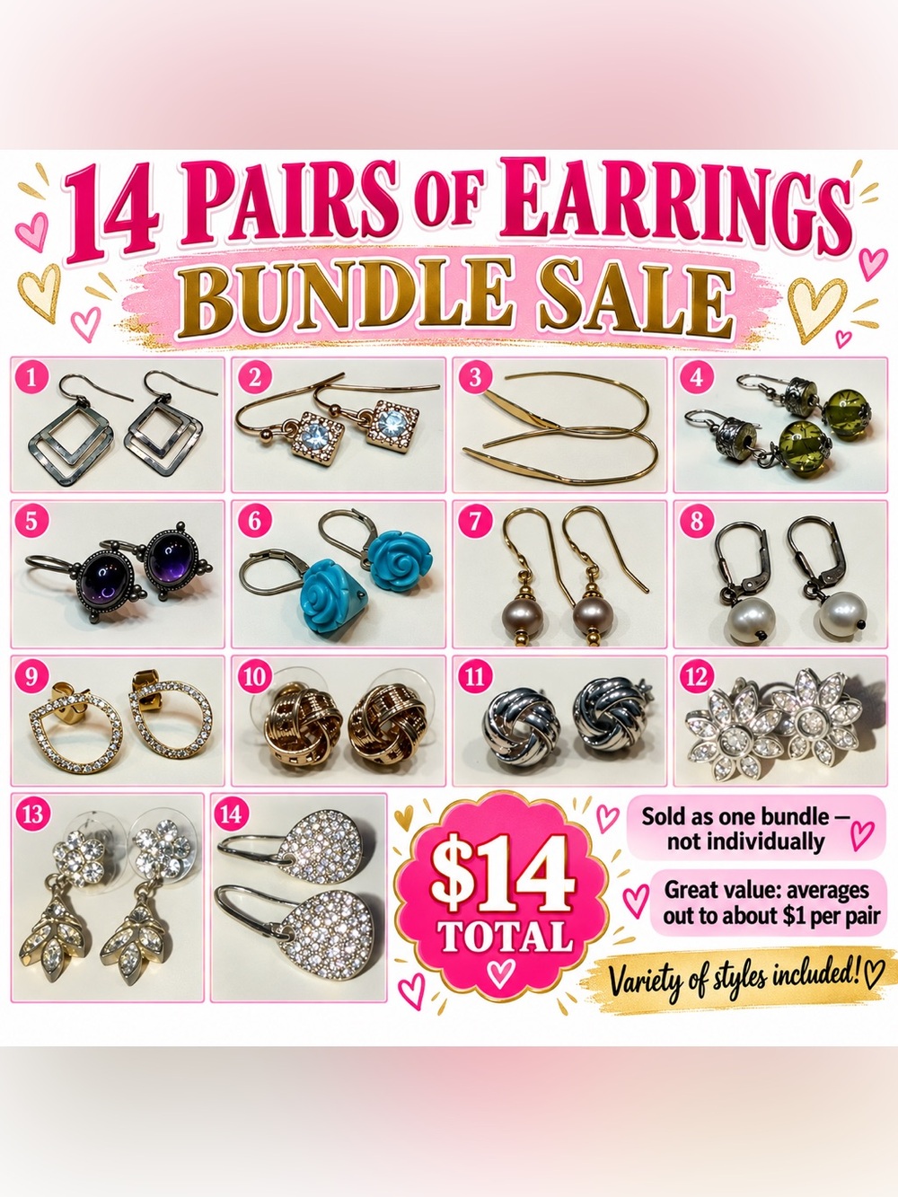 Jewelry Collection - 14 Pairs Costume Earrings Lot Vintage Boho Mod